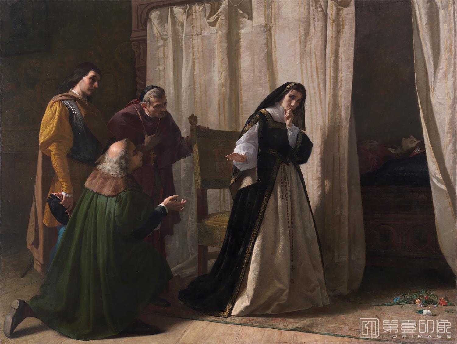 油画-西班牙普拉多美术馆油画藏画-Vallés, Lorenzo-Demencia de doña Juana de Castilla-238cm x 313cm-2839